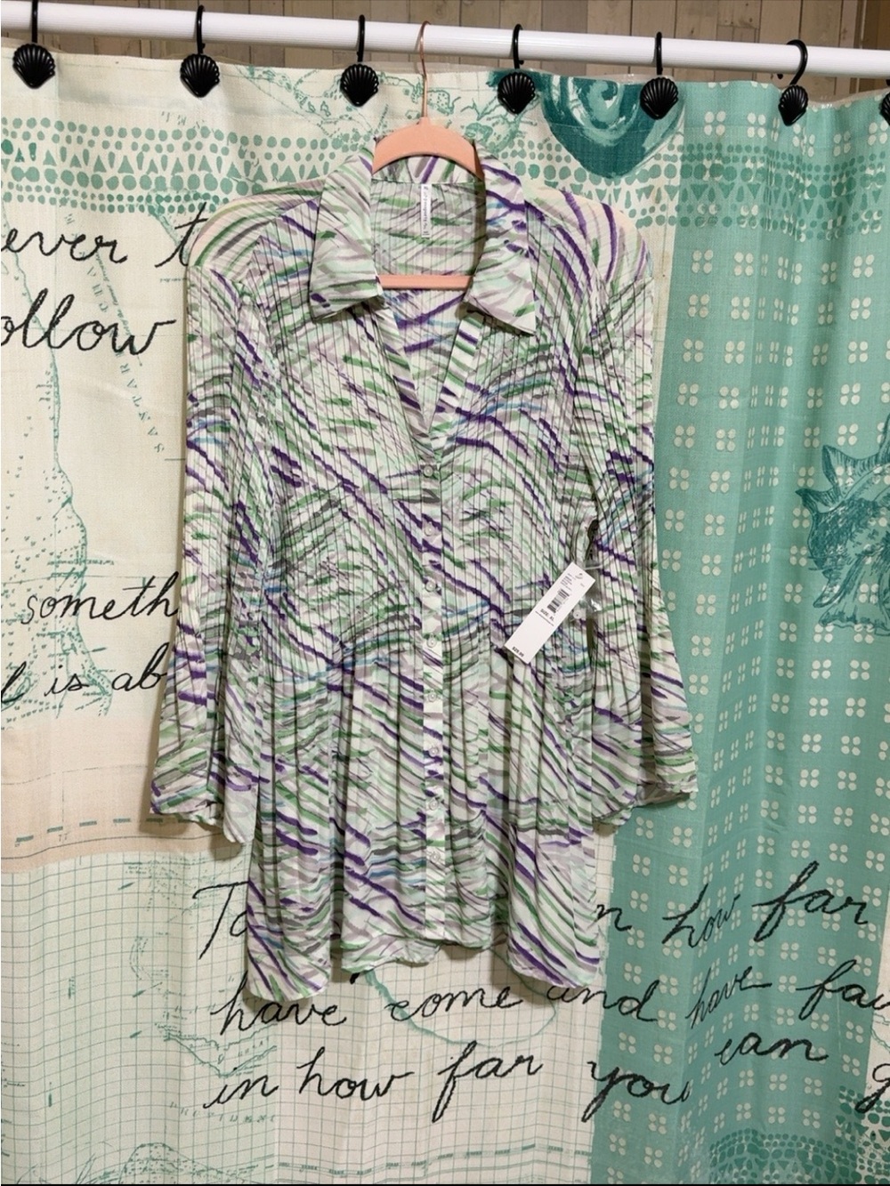 Old Navy Mint Green Tunic with Purple & Dark Green Stripes
